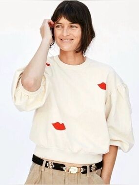 Clare V Lips Sweatshirt Balloon Sleeve Cream French Terry Small